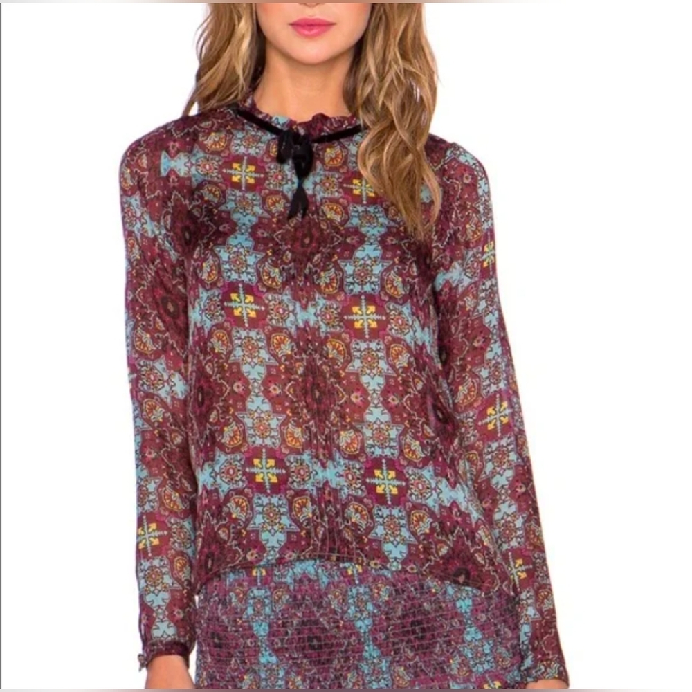 For Love & Lemons "Geneva" Blouse In Teal/Maroon XS